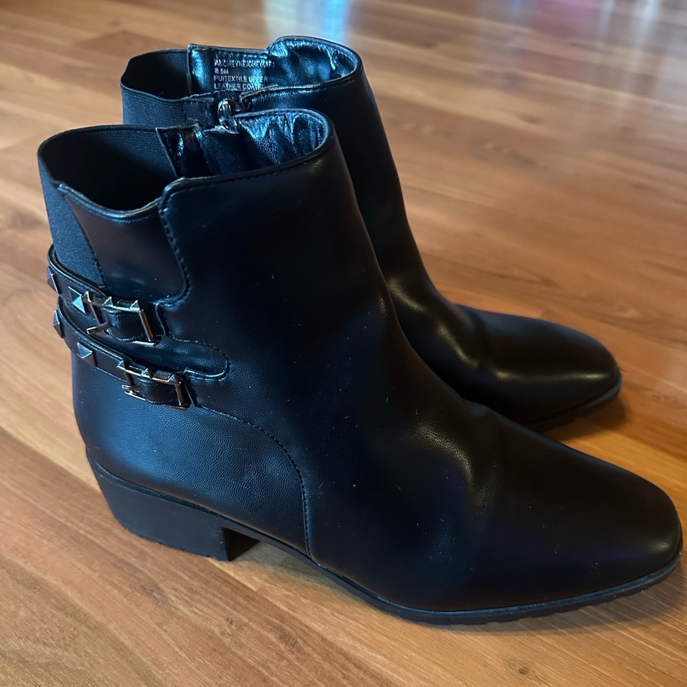 Anne Klein Black Leather Ankle Boots with Studded Straps - Picture 3 of 12